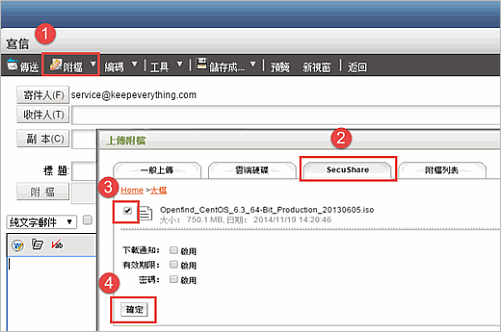 寫信時附加 SecuShare 分享雲