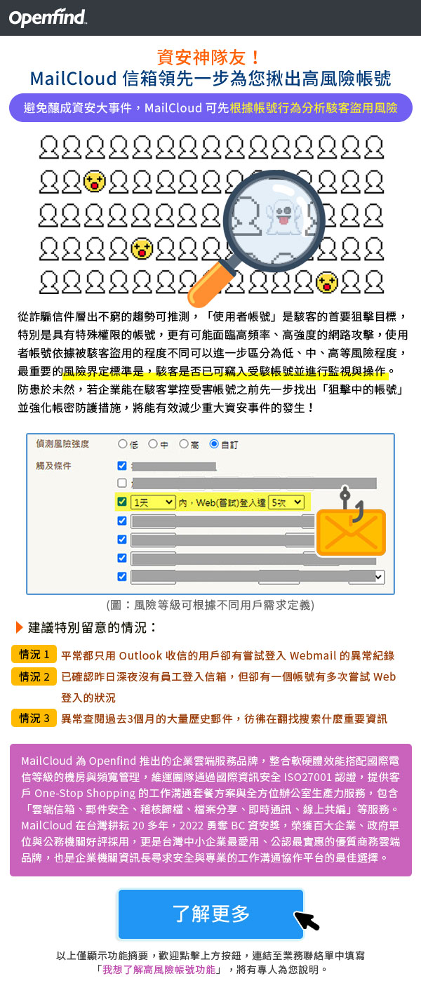 資安神隊友！MailCloud信箱領先一步為您揪出高風險帳號